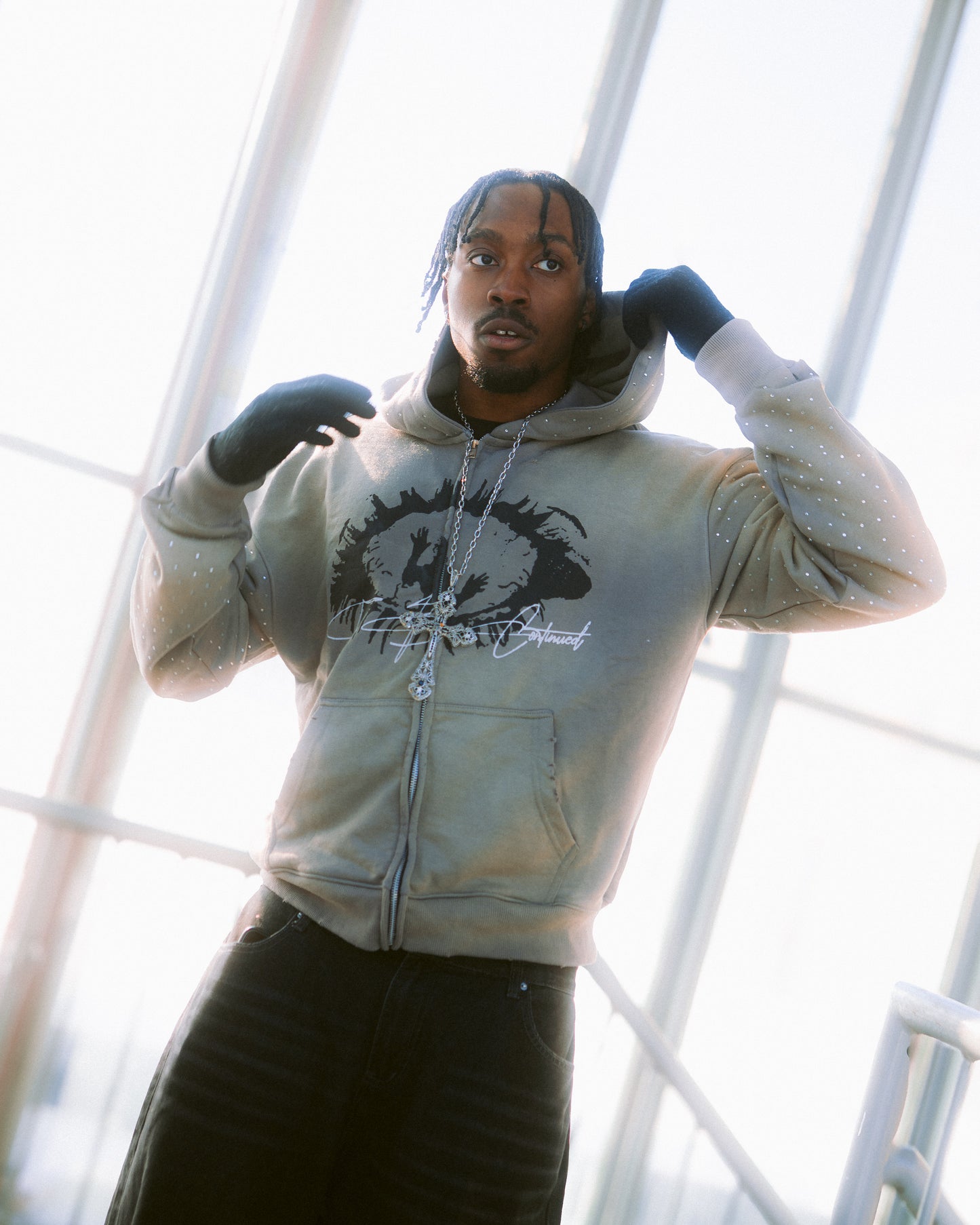 Grey Rhine Stone Zip-Up