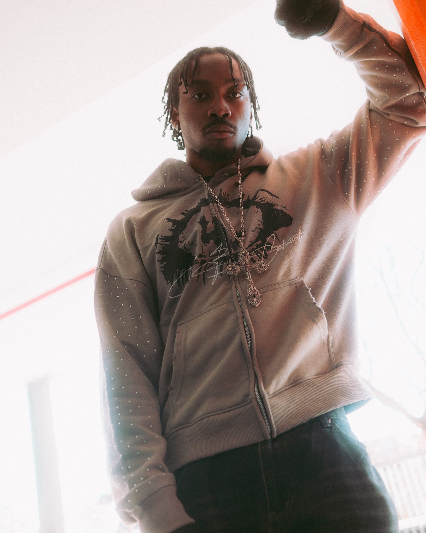 Grey Rhine Stone Zip-Up